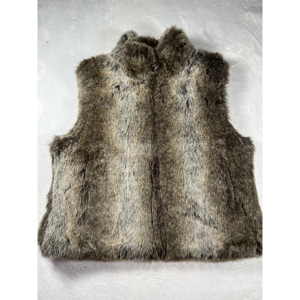 Faux Fur‎ Vest Womens Medium Gray Brown Lined Sleeveless Open Front Mock Neck